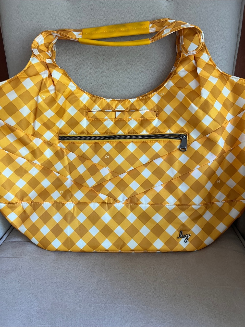 EUC Lug Gondola SE Tote Bag in Gingham Mustard with TINY STAIN